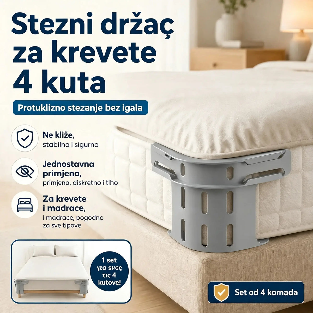 Set od četiri komada - 27 € 🛏️ Skrivene kutne kopče - sprječavaju pomicanje ili klizanje plahti, držeći ih ravnima i sigurnima.