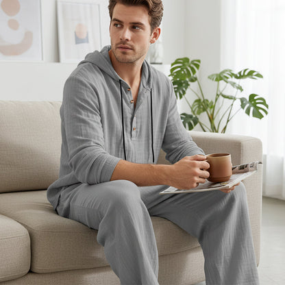 🔥【Omejena ponudba – šokantnih 50 % popusta!】Moški casual komplet — majica s kapuco + široke hlače, izdelani iz zračnega in udobnega lanenega materiala ✅ Plačilo po povzetju