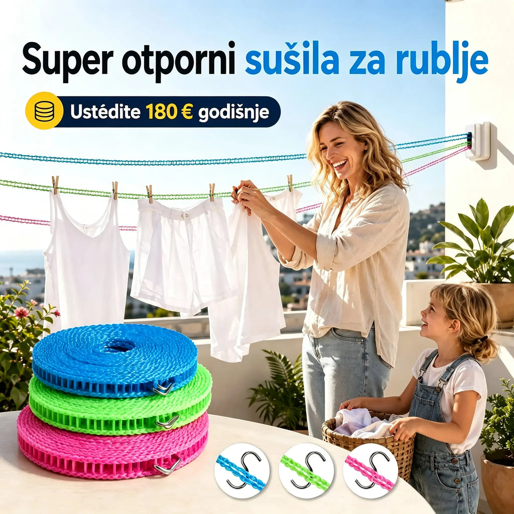 💥【3 komada】🔗 Neklizajuća i vjetrootporna užad za rublje 👕 Sprječava kaos s rubljem na vjetru 🌬️