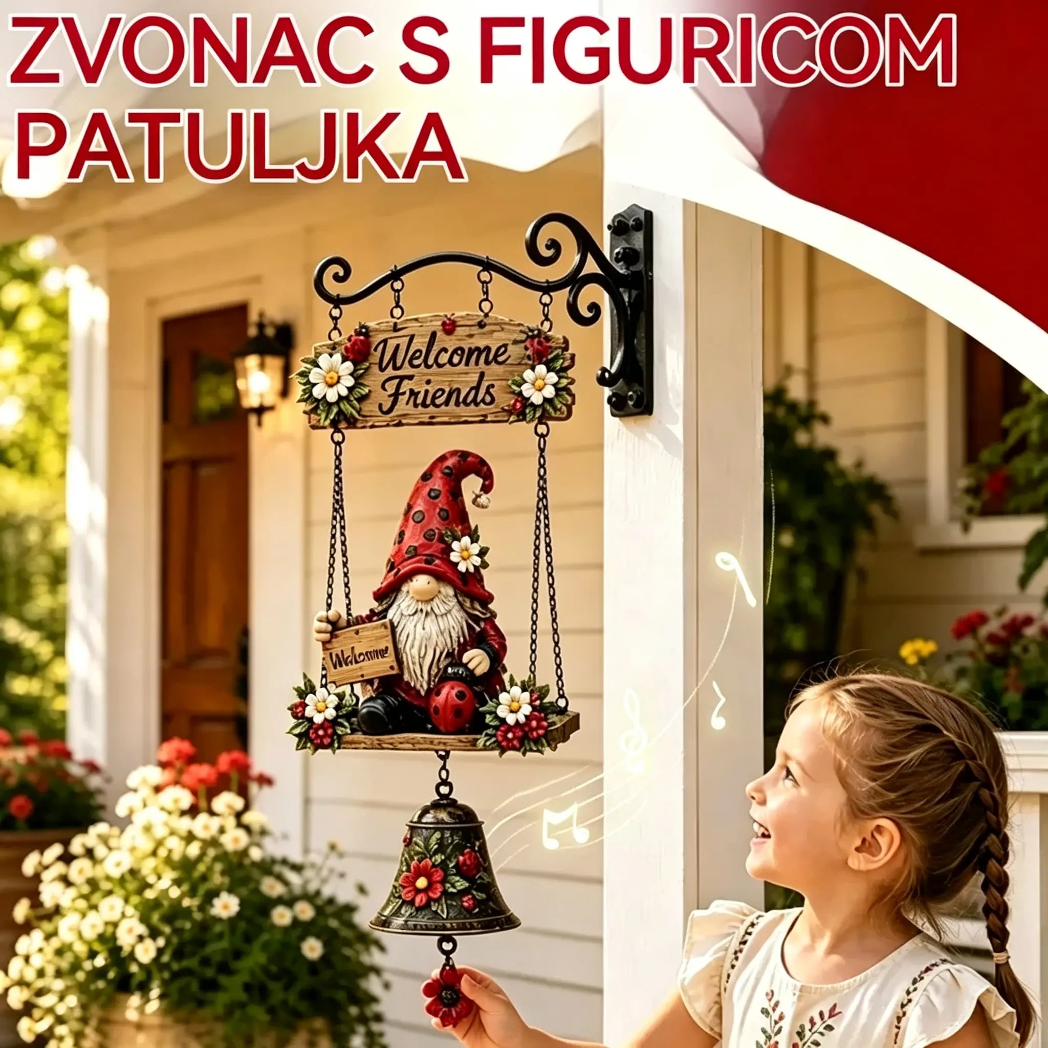 Zvono dobrodošlice s motivom vrtnog patuljka, natpisom "Dobrodošli", vintage brončano zvono, dizajn zida od kovanog željeza i vrtna dekoracija.