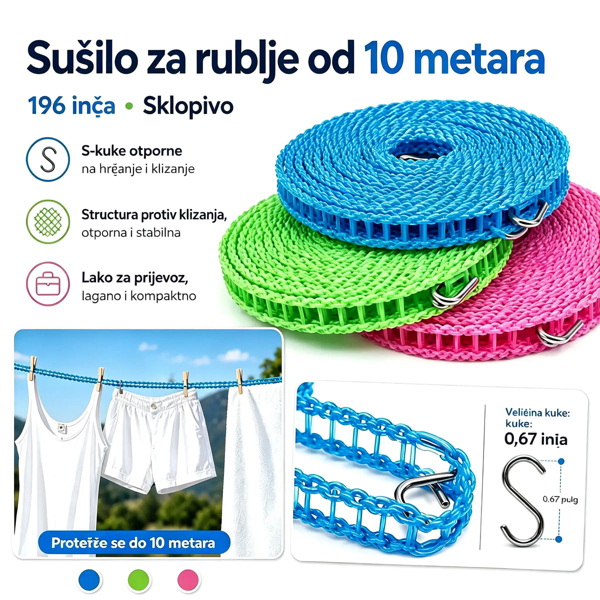 💥【3 komada】🔗 Neklizajuća i vjetrootporna užad za rublje 👕 Sprječava kaos s rubljem na vjetru 🌬️