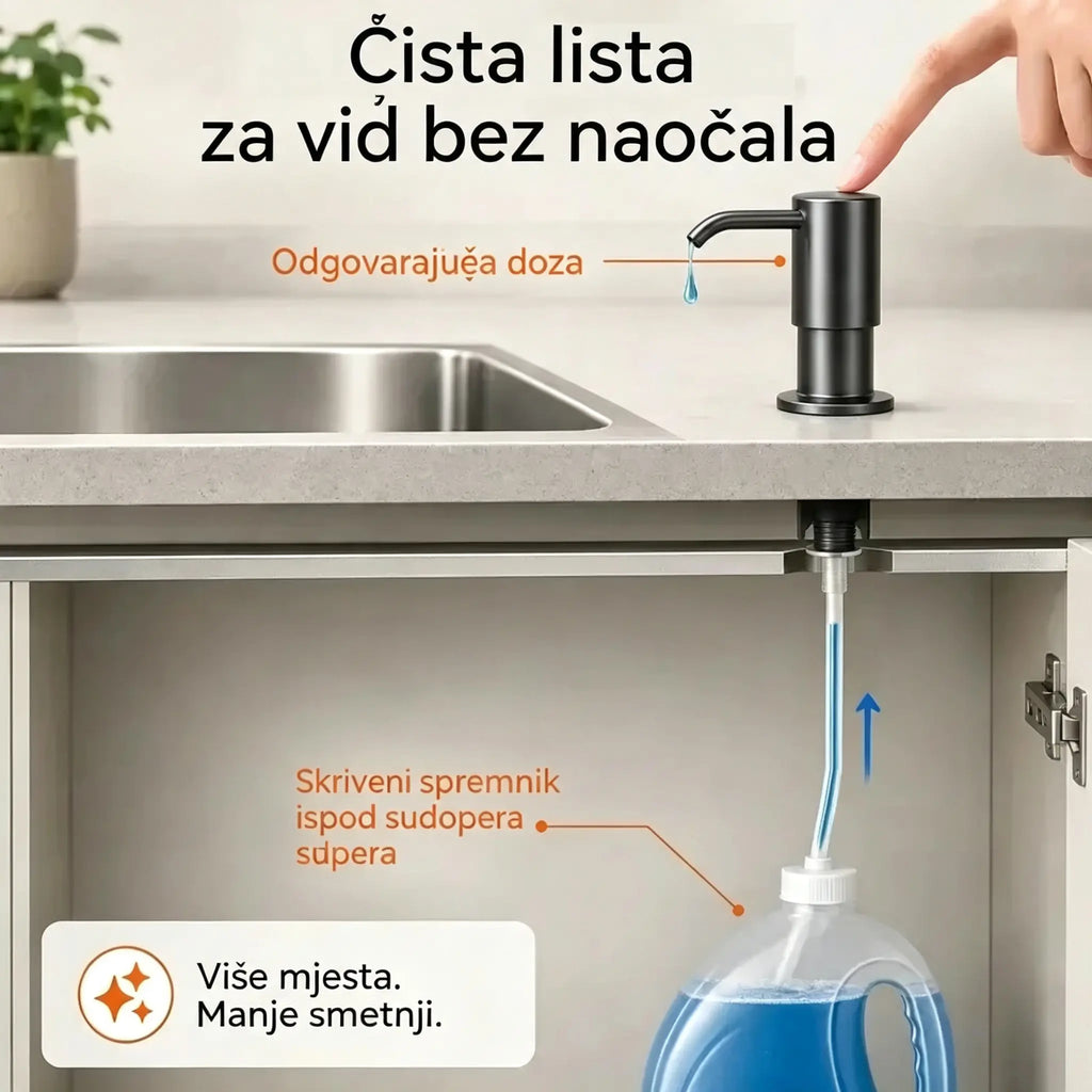 Kuhinjski sudoper ima ugrađeni dozator sapuna i deterdženta, izrađen je od visokokvalitetnog nehrđajućeg čelika, omogućuje izravno ispiranje stakla te dolazi s izvlačnim crijevom i gravitacijskom kuglom 304 za brzo pumpanje vode.