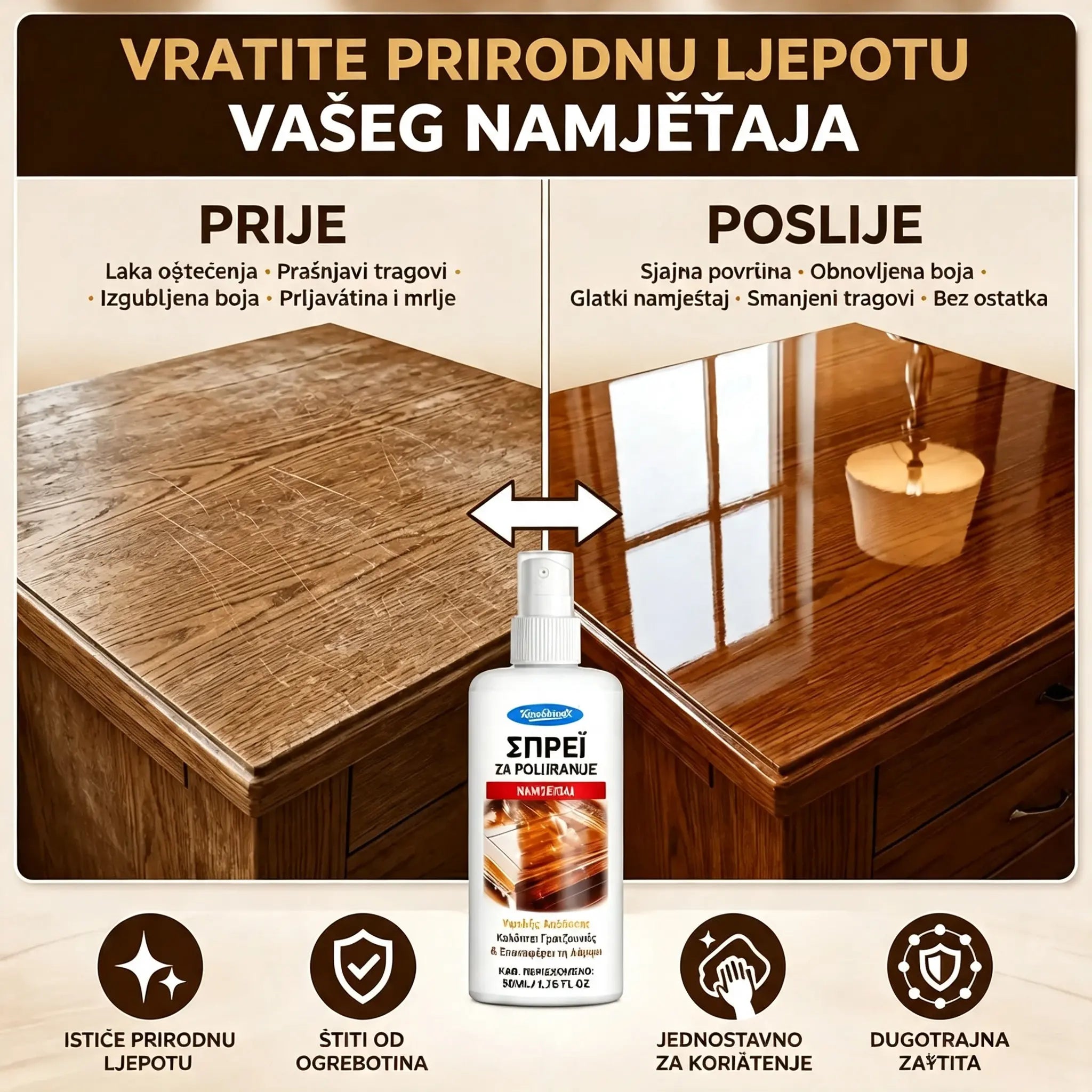【Kupite 1, dobijte 1 gratis】🪑 ✨ Sredstvo za poliranje namještaja visokog sjaja obnavlja drvo i vinil u sekundama.