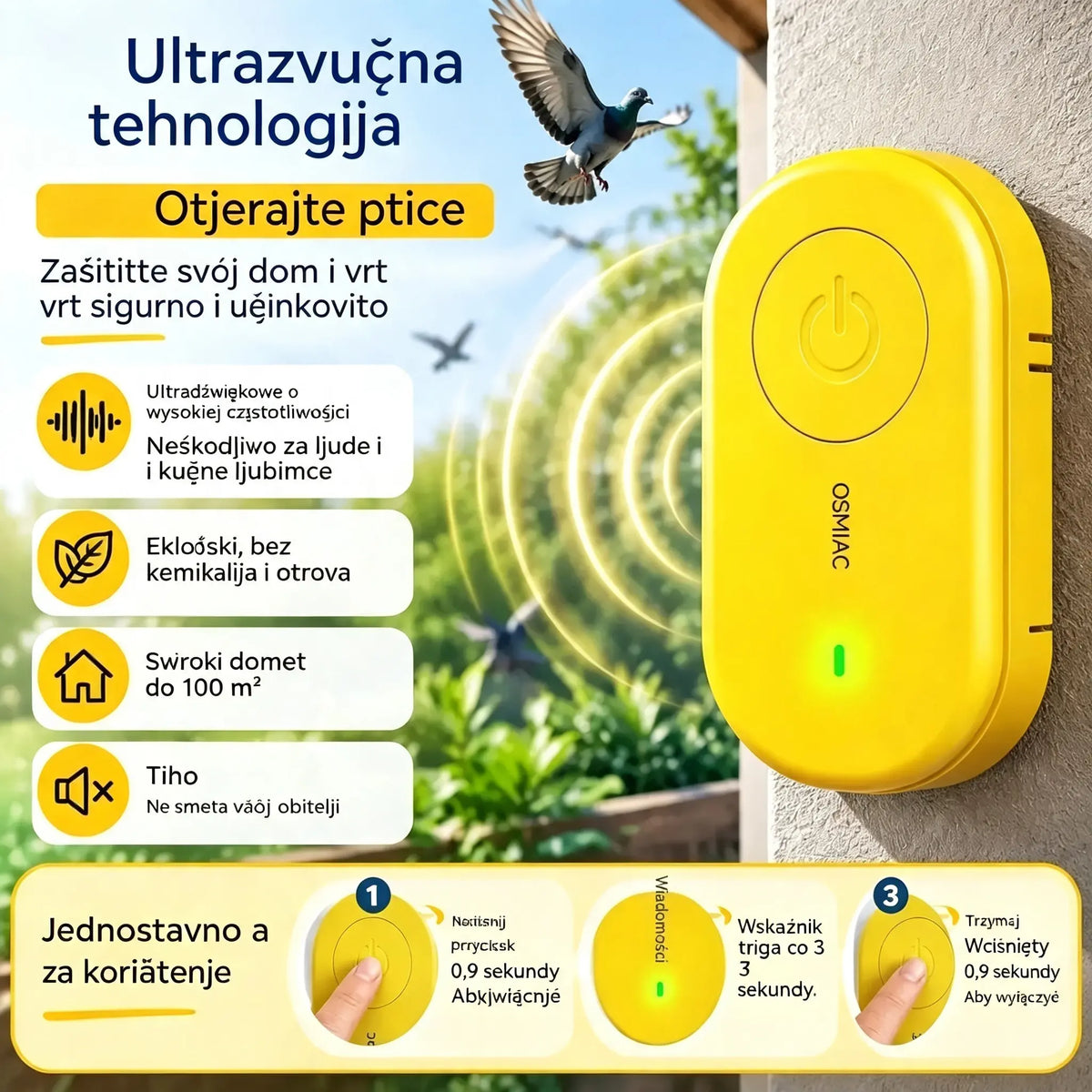 🐦 Prijenosni ultrazvučni repelent za ptice | Automatski repelent za golubove, savršen za balkone, vrtove i vanjske prostore