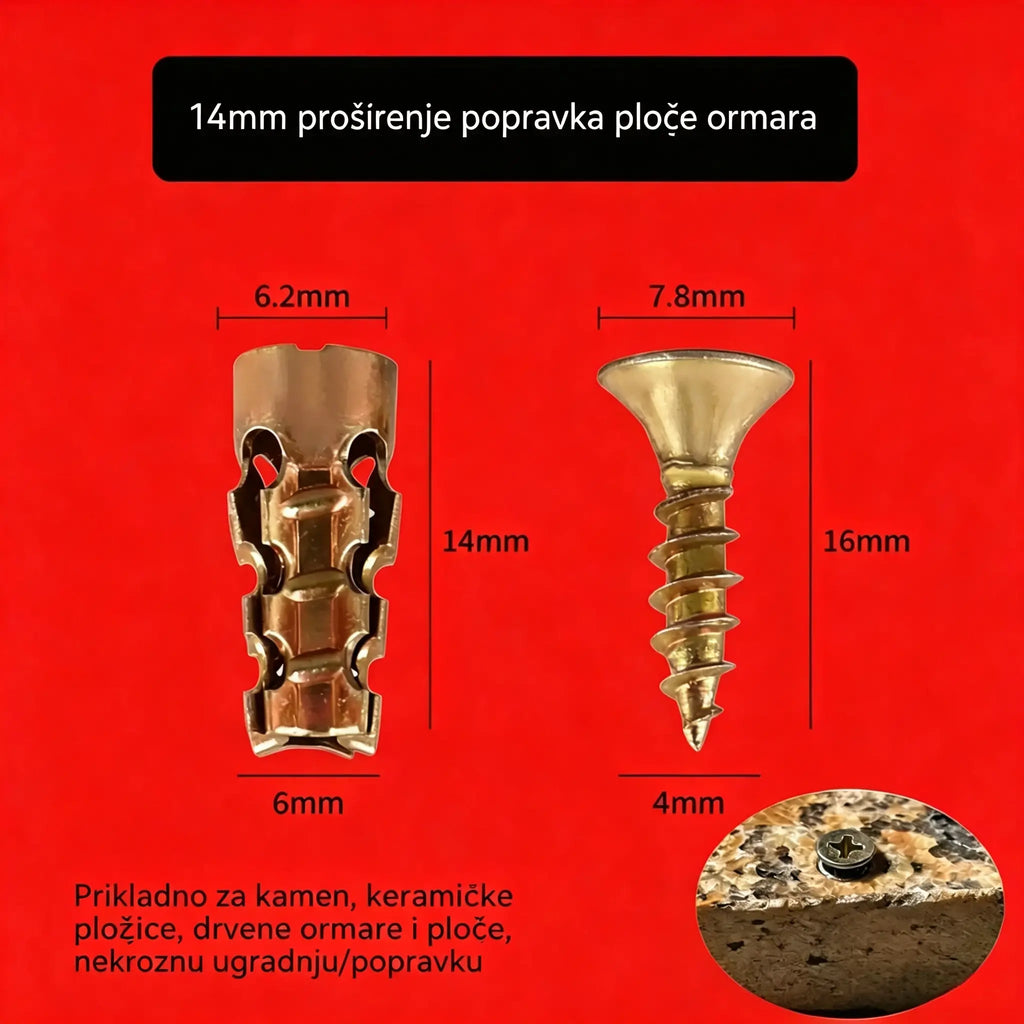 【🔥100 setova na rasprodaji】🧰⚒️ Popravak namještaja, kratki ekspanzijski vijci, popravak i ugradnja šarki za kamen/pločice/ormariće.