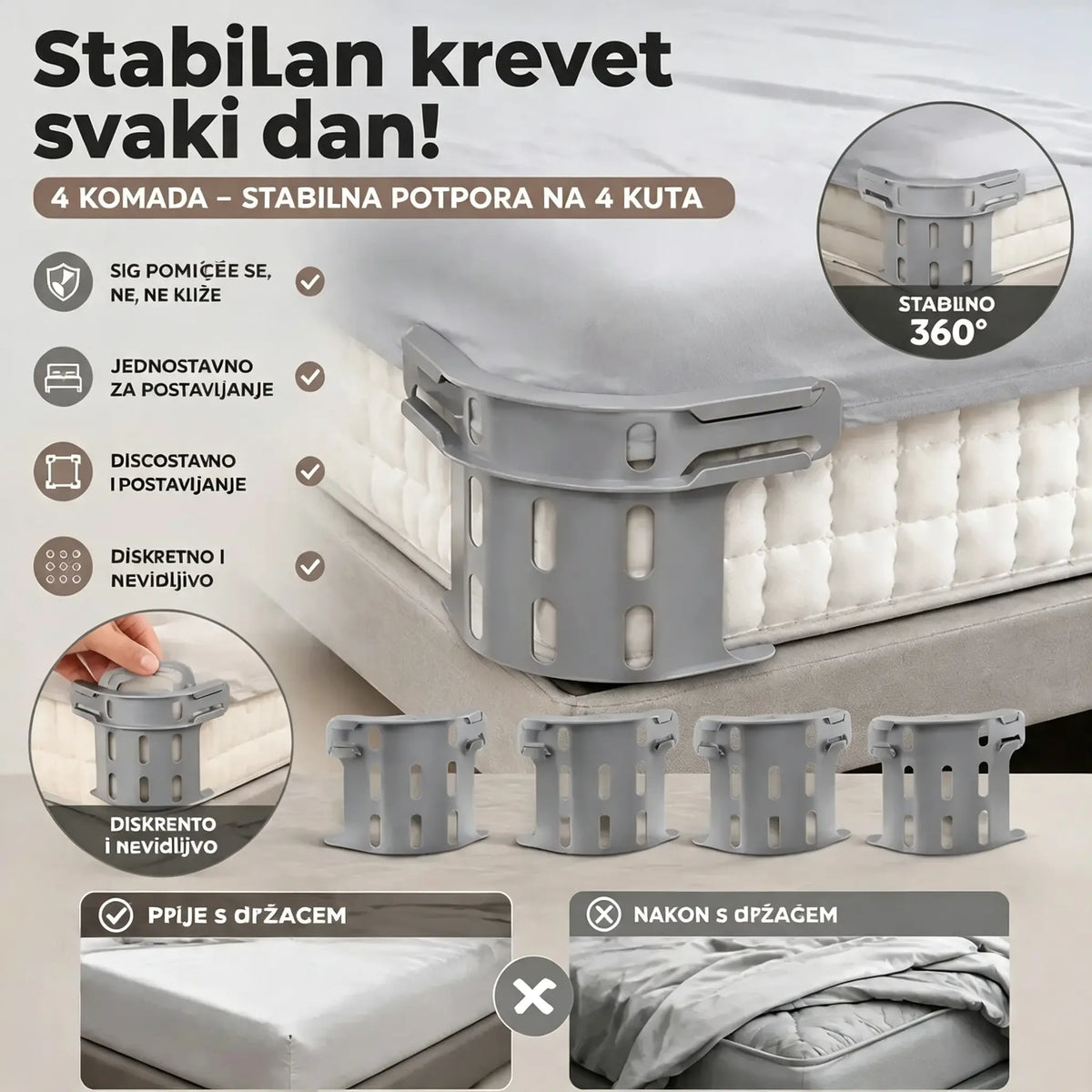 Set od četiri komada - 27 € 🛏️ Skrivene kutne kopče - sprječavaju pomicanje ili klizanje plahti, držeći ih ravnima i sigurnima.