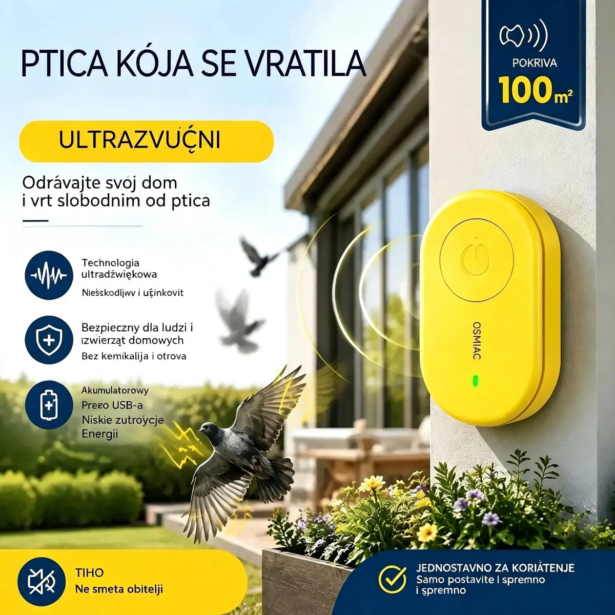 🐦 Prijenosni ultrazvučni repelent za ptice | Automatski repelent za golubove, savršen za balkone, vrtove i vanjske prostore