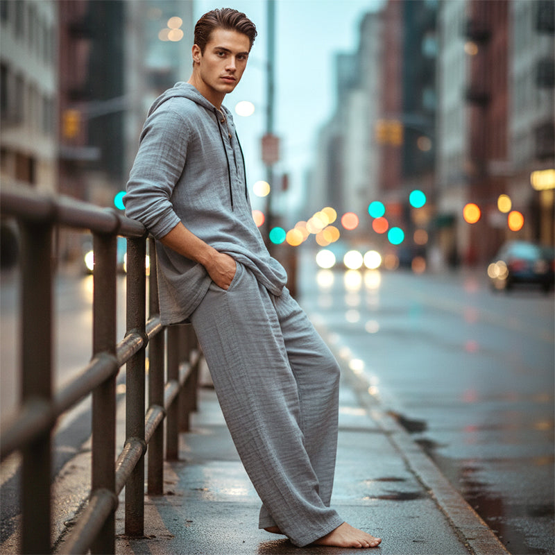 🔥【Omejena ponudba – šokantnih 50 % popusta!】Moški casual komplet — majica s kapuco + široke hlače, izdelani iz zračnega in udobnega lanenega materiala ✅ Plačilo po povzetju