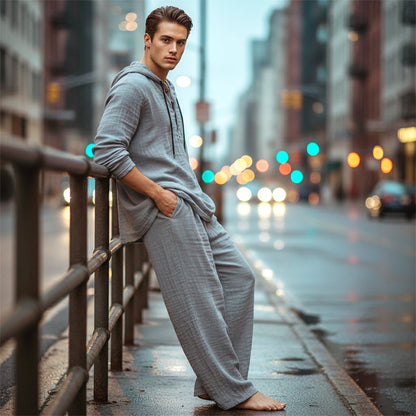 🔥【Omejena ponudba – šokantnih 50 % popusta!】Moški casual komplet — majica s kapuco + široke hlače, izdelani iz zračnega in udobnega lanenega materiala ✅ Plačilo po povzetju
