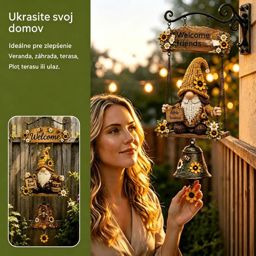 Zvono dobrodošlice s motivom vrtnog patuljka, natpisom "Dobrodošli", vintage brončano zvono, dizajn zida od kovanog željeza i vrtna dekoracija.