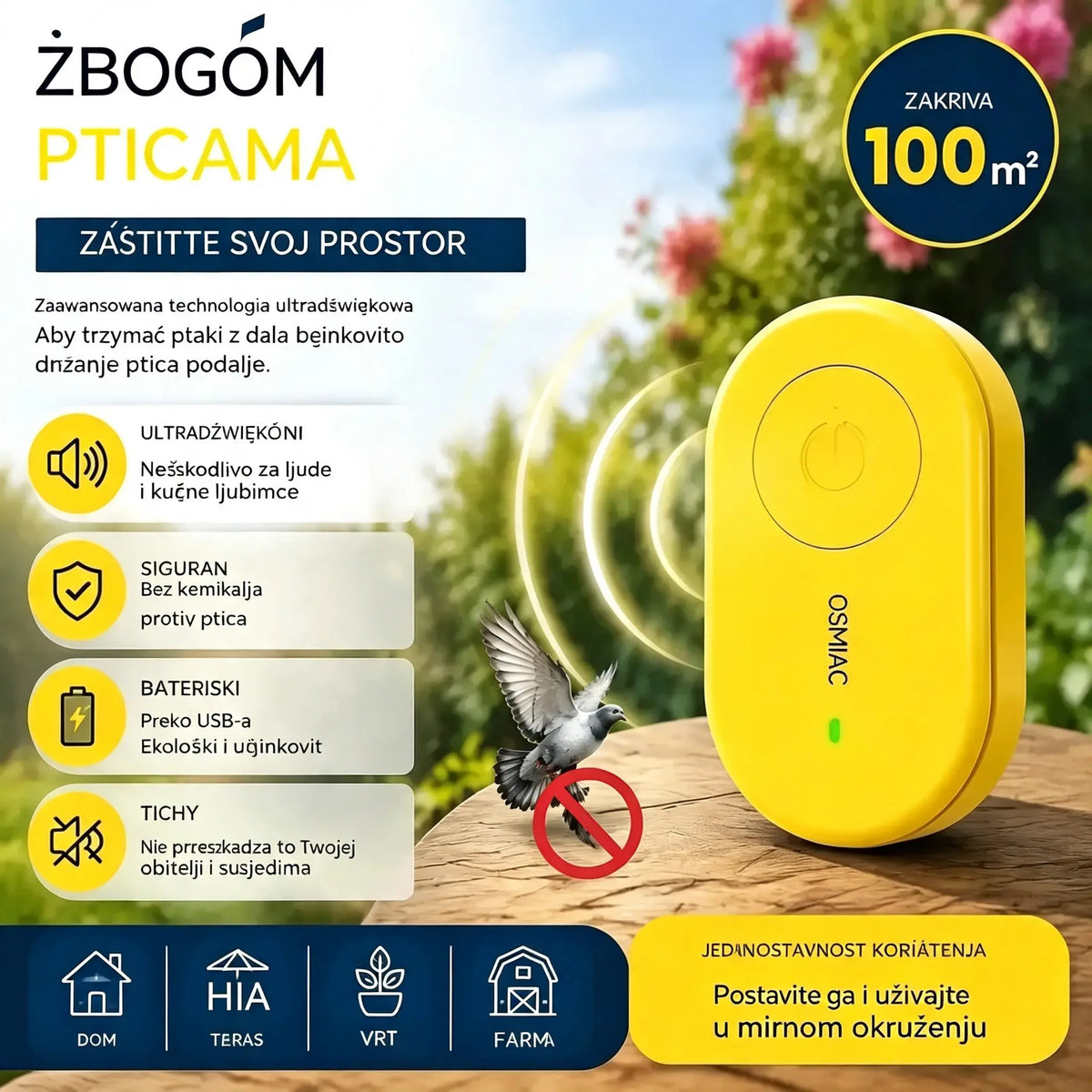 🐦 Prijenosni ultrazvučni repelent za ptice | Automatski repelent za golubove, savršen za balkone, vrtove i vanjske prostore