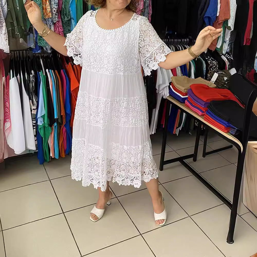 🔥【50% POPUSTA】✨✨✨【S-5XL】2026Nova haljina s kratkim rukavima, okruglim ovratnikom i čipkom.