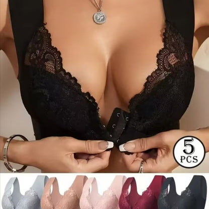🔥Bestseller – Set od 5 komada🔥【40-110KG】😍Ženski grudnjak s prednjim kopčanjem, izvrstan efekt podizanja i oblikovanja, s elegantnim čipkastim dizajnom, udoban i sofisticiran