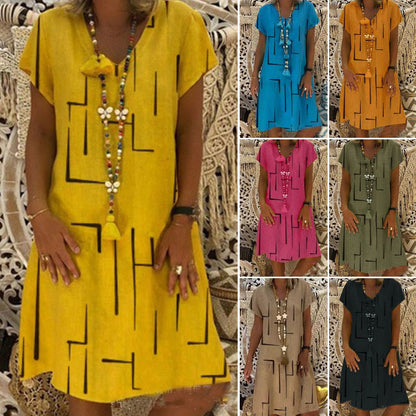 Horúci výpredaj【S-5XL】🏆👗 Jednofarebné jednoduché bavlnené šaty s výstrihom do V, módne šaty s potlačou