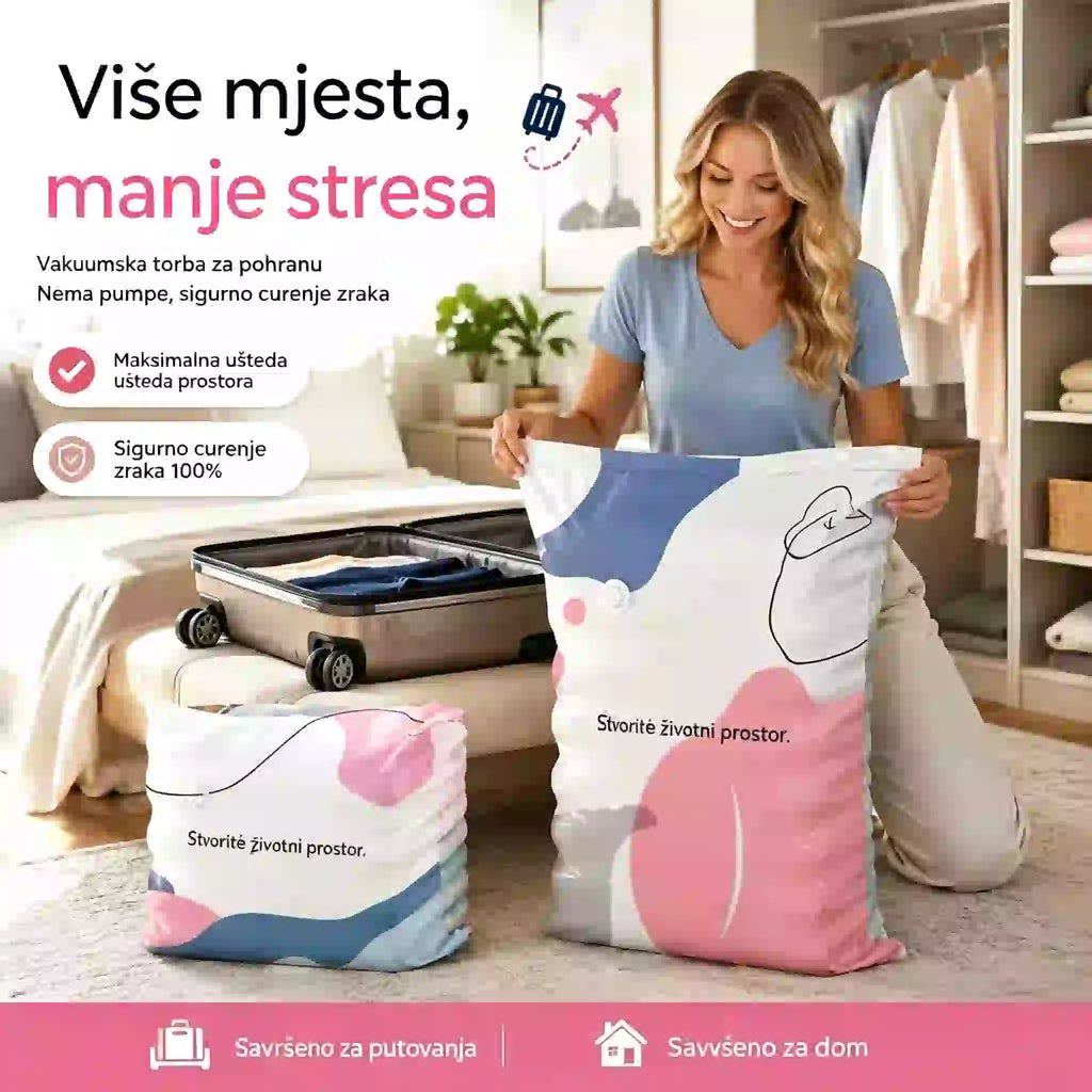 🧳【Set od 5 dijelova, 9600 kubičnih stopa】💨 Vakuumske vrećice za pohranu velikog kapaciteta koje se mogu stlačiti: Nije potrebna pumpa, nepropusne su, idealne za uštedu prostora u koferu i domu ✈️